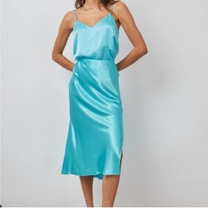 RAILS Maya Satin Midi Skirt Azure Aqua Blue Pull On Slip Slit